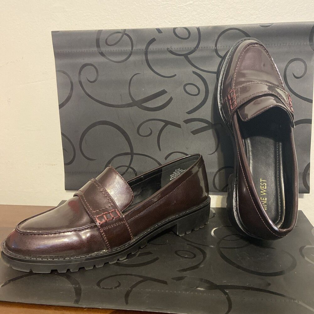 Nine West Berg Women's Penny Loafers Size 8.5M Wine Burgundy Patent Lug Sole
